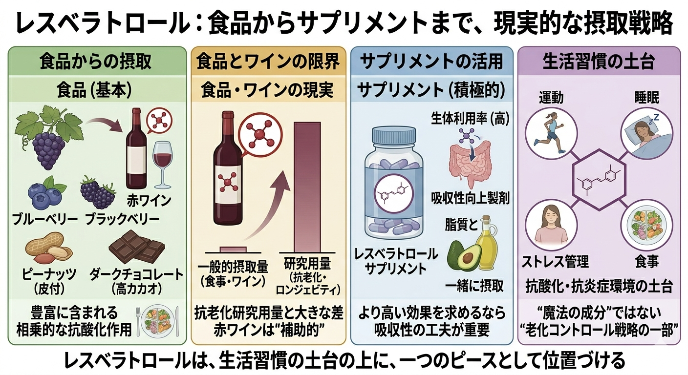レスベラトロール：食品からサプリメントまで、現実的な摂取戦略