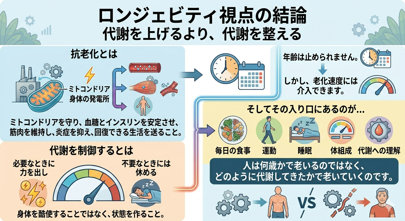 ロンジェビティ視点の結論ー代謝を上げるより、代謝を整える