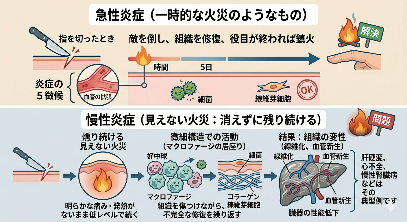 急性炎症と慢性炎症の違い─ 火事は消えれば問題ない。消えなければ問題になる