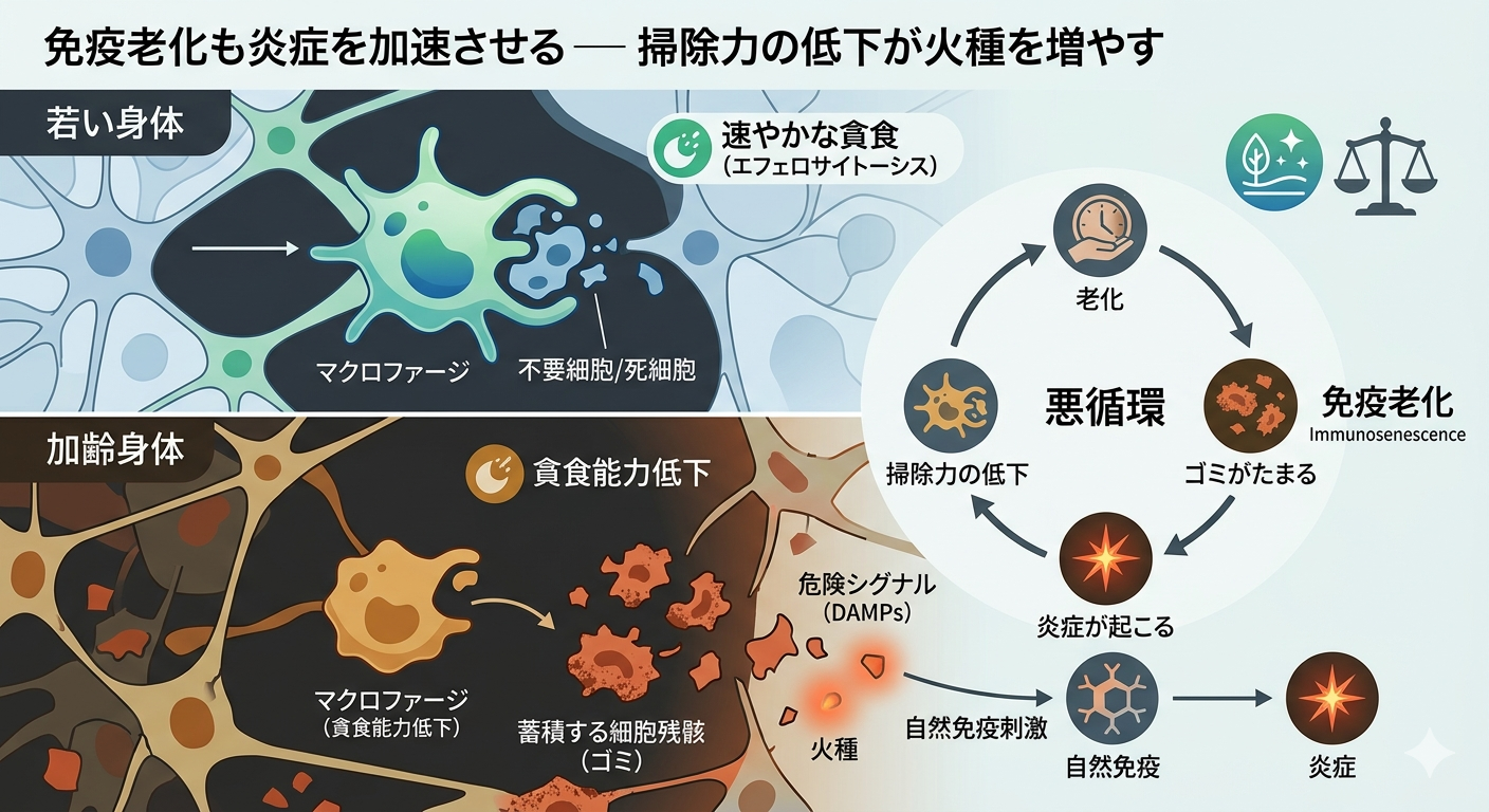 免疫老化も炎症を加速させる─ 掃除力の低下が火種を増やす