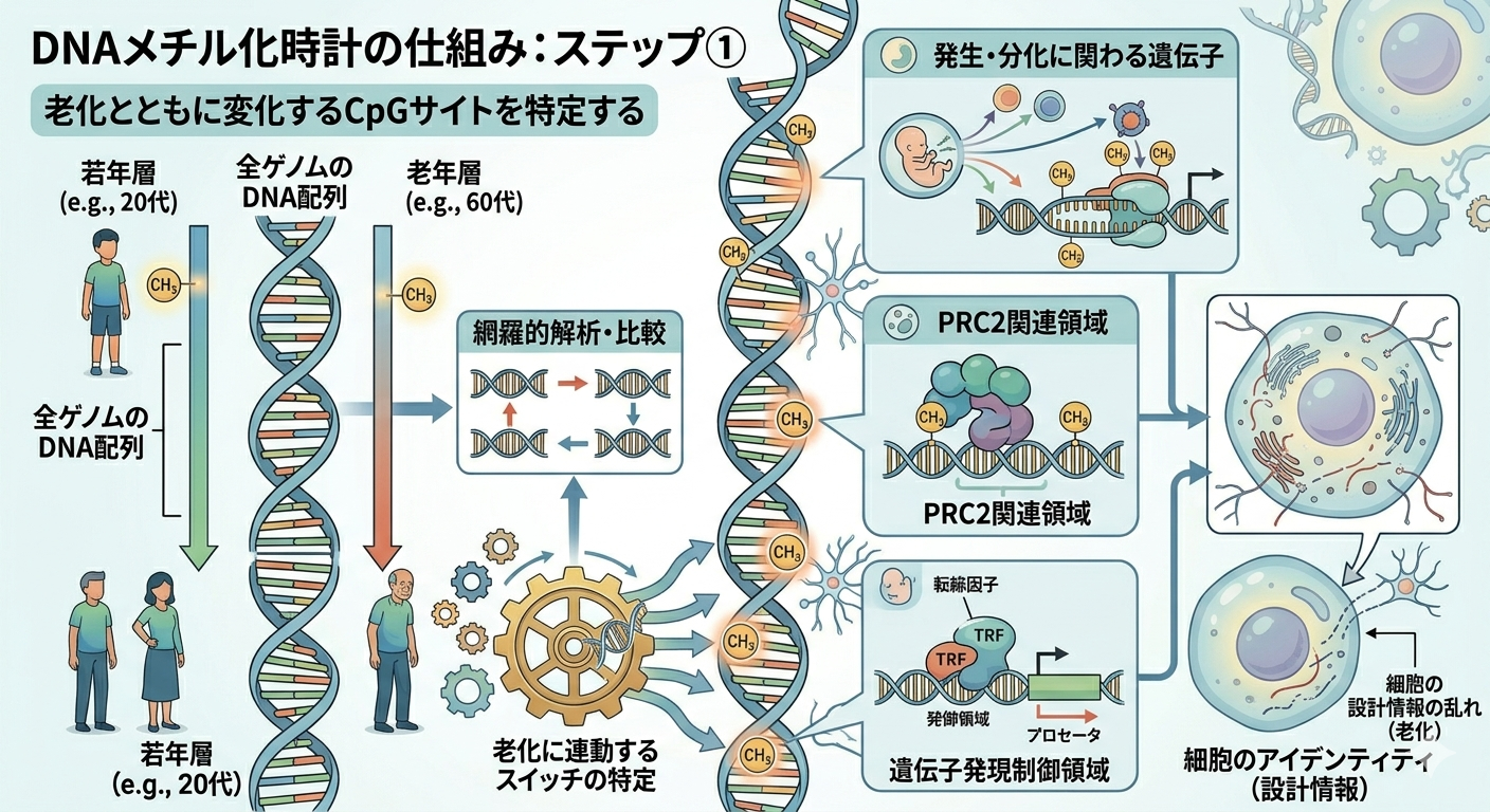 DNAメチル化時計の仕組み-ステップ①：老化とともに変化するCpGサイトを特定する