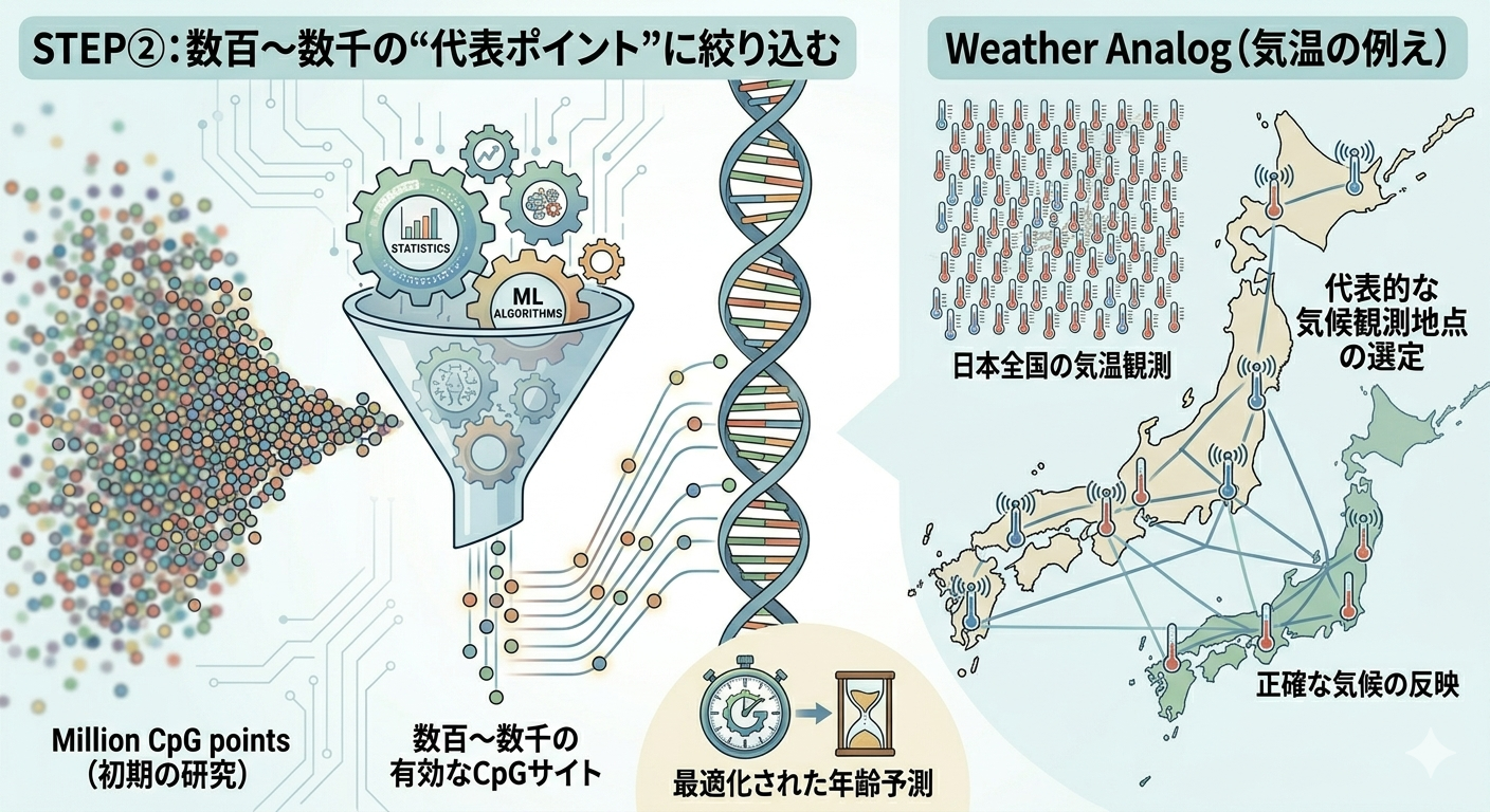 DNAメチル化時計の仕組み-ステップ②：数百〜数千の“代表ポイント”に絞り込む