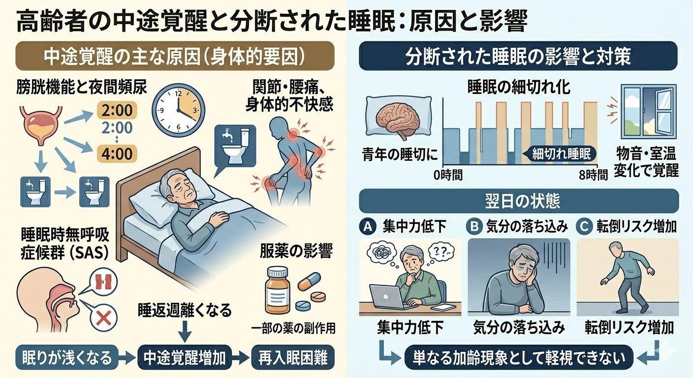 高齢者の中途覚醒と分断された睡眠：原因と影響