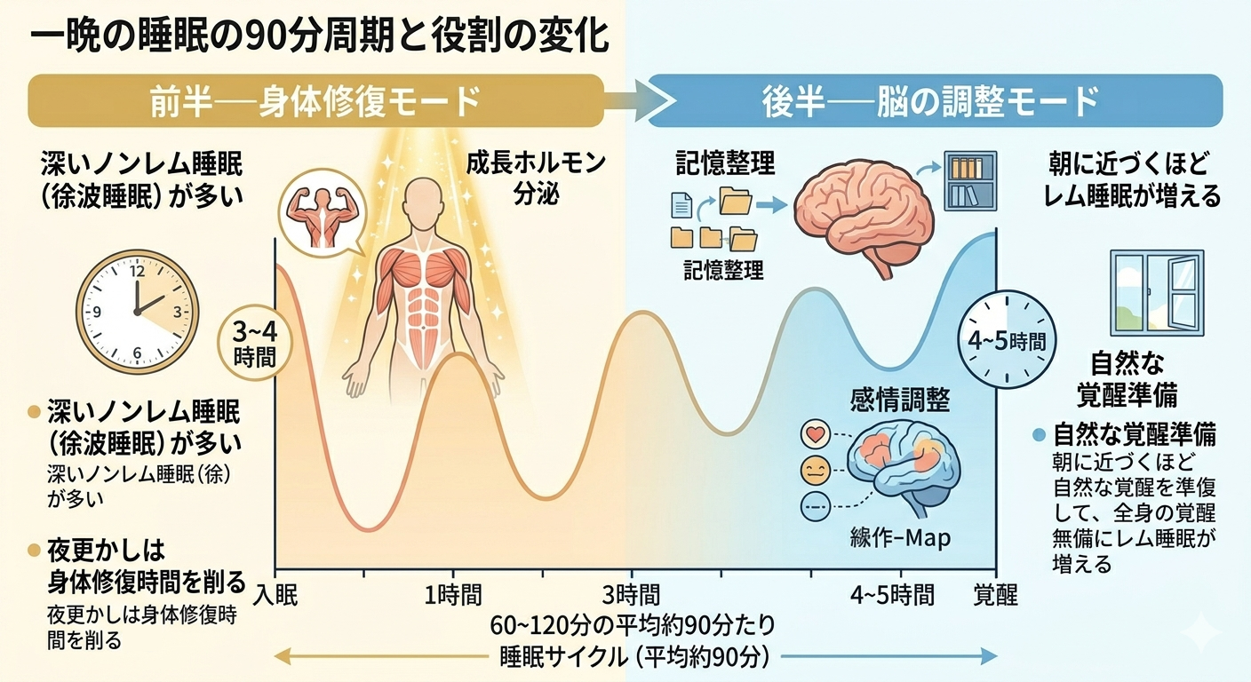 一晩の睡眠は90分周期で変化する