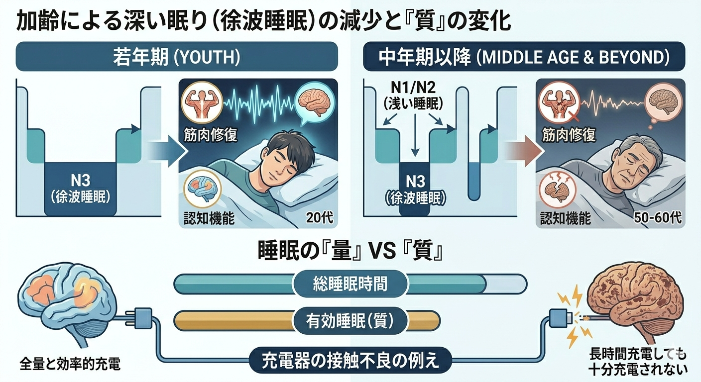 加齢による深いノンレム睡眠、いわゆる徐波睡眠（ステージN3）の減少
