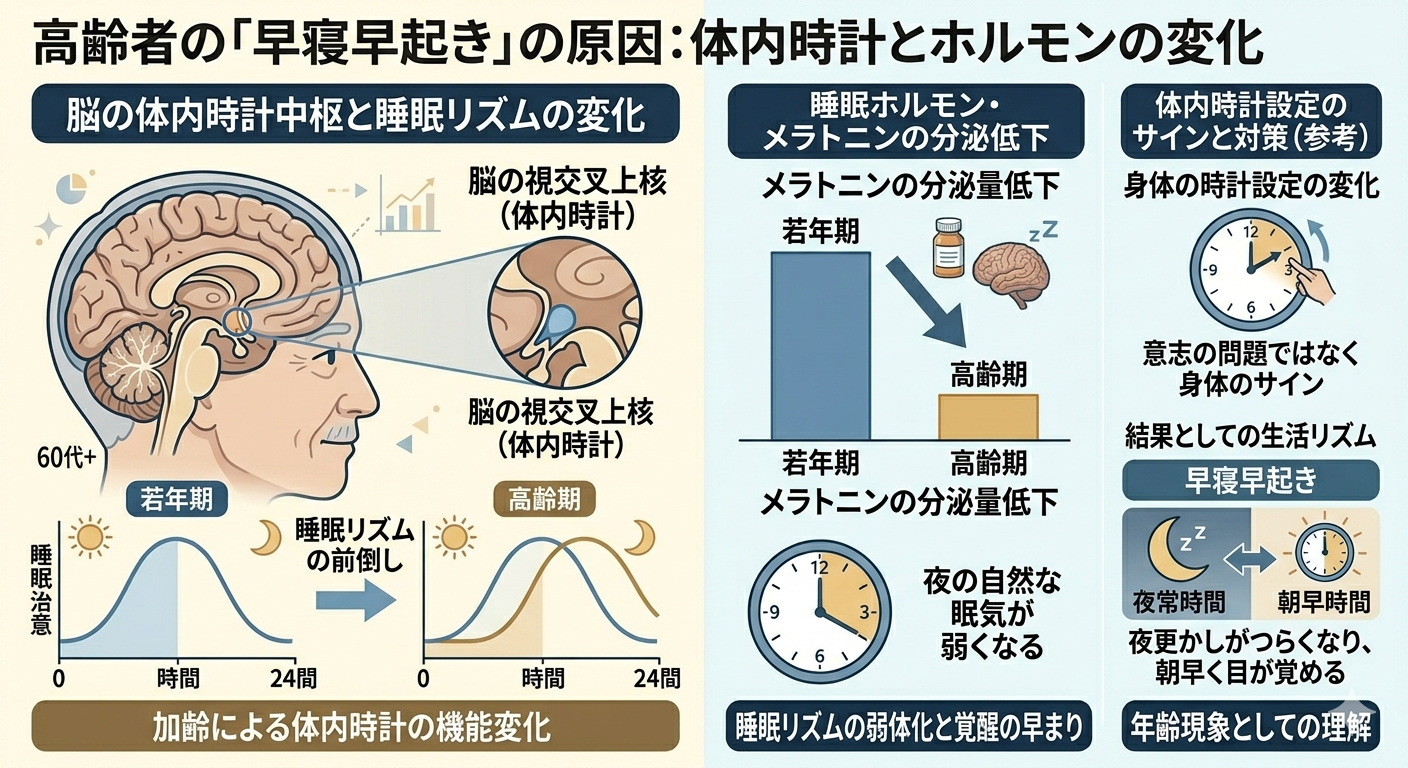 高齢者の「早寝早起き」の原因：体内時計とホルモンの変化