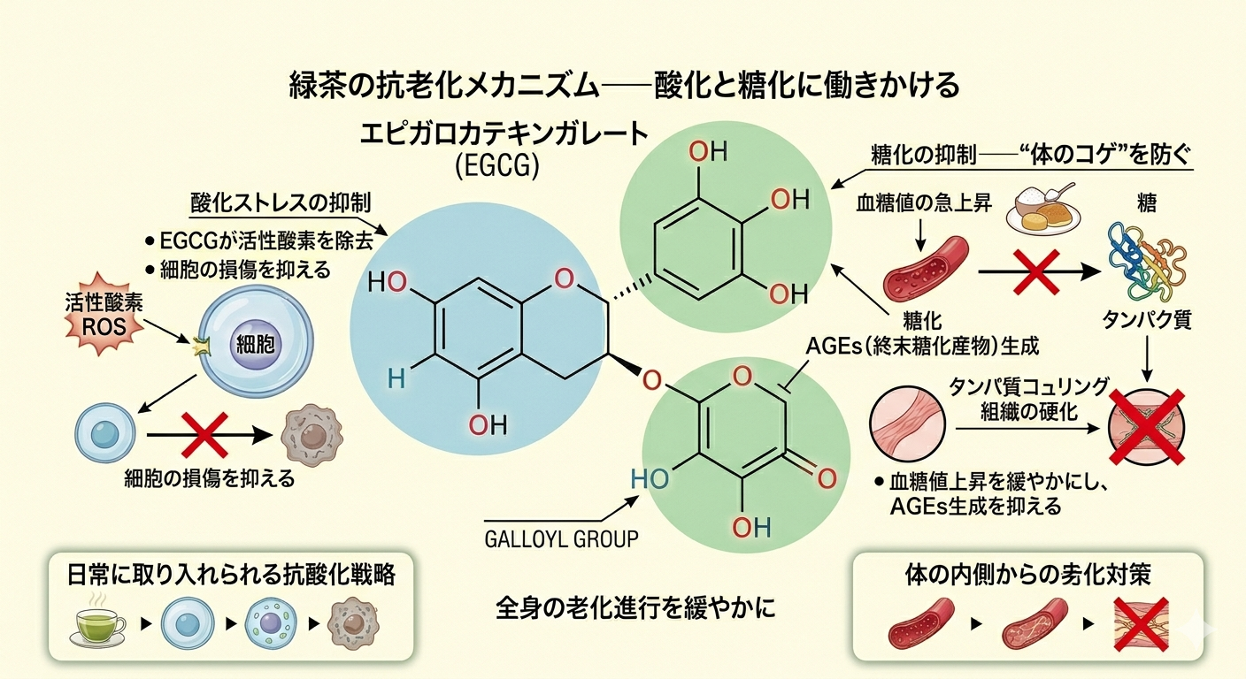 緑茶の抗老化メカニズム──酸化と糖化の二大老化因子に働きかける