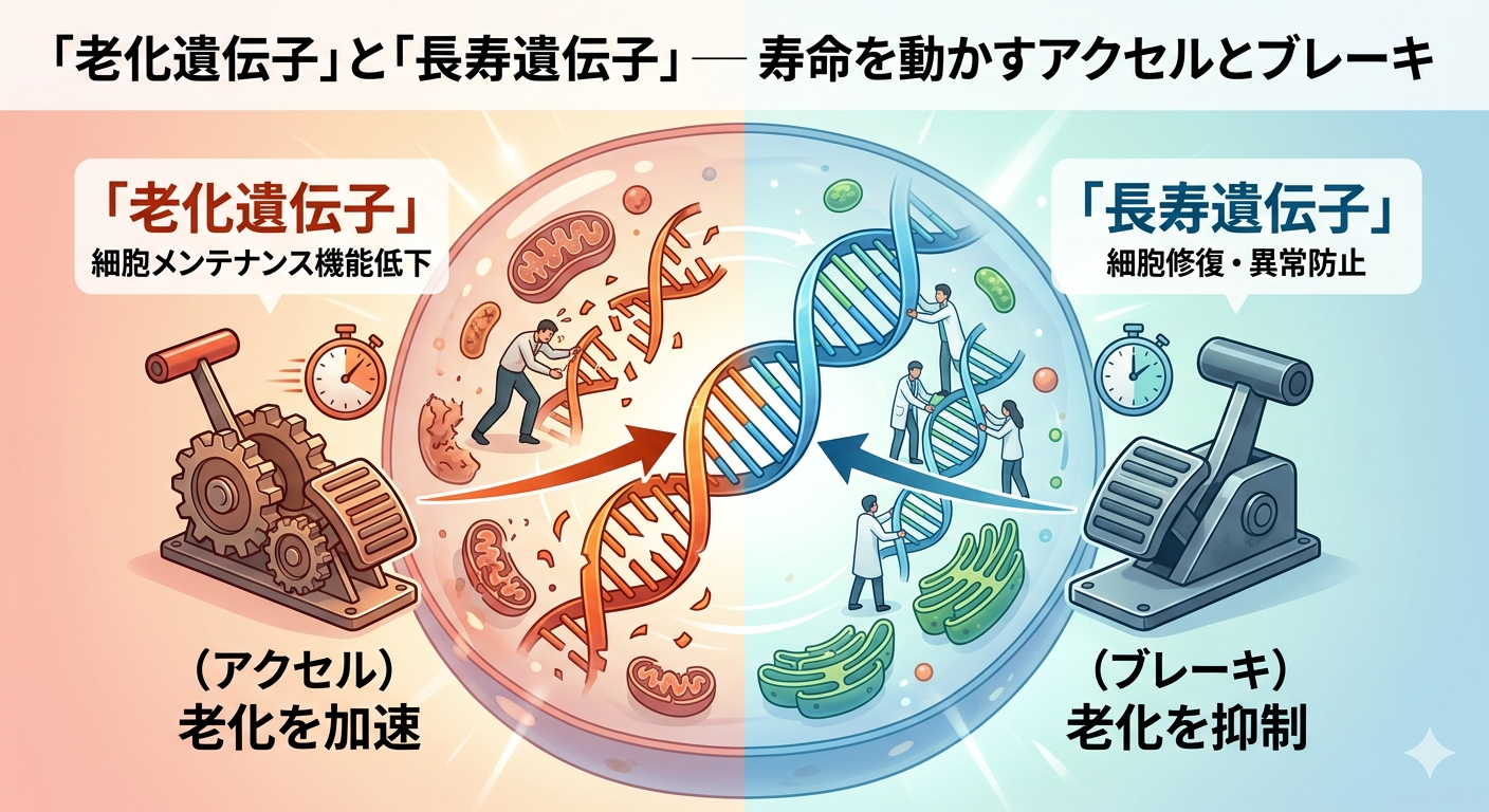 「老化遺伝子」と「長寿遺伝子」とは─ 寿命を動かすアクセルとブレーキ