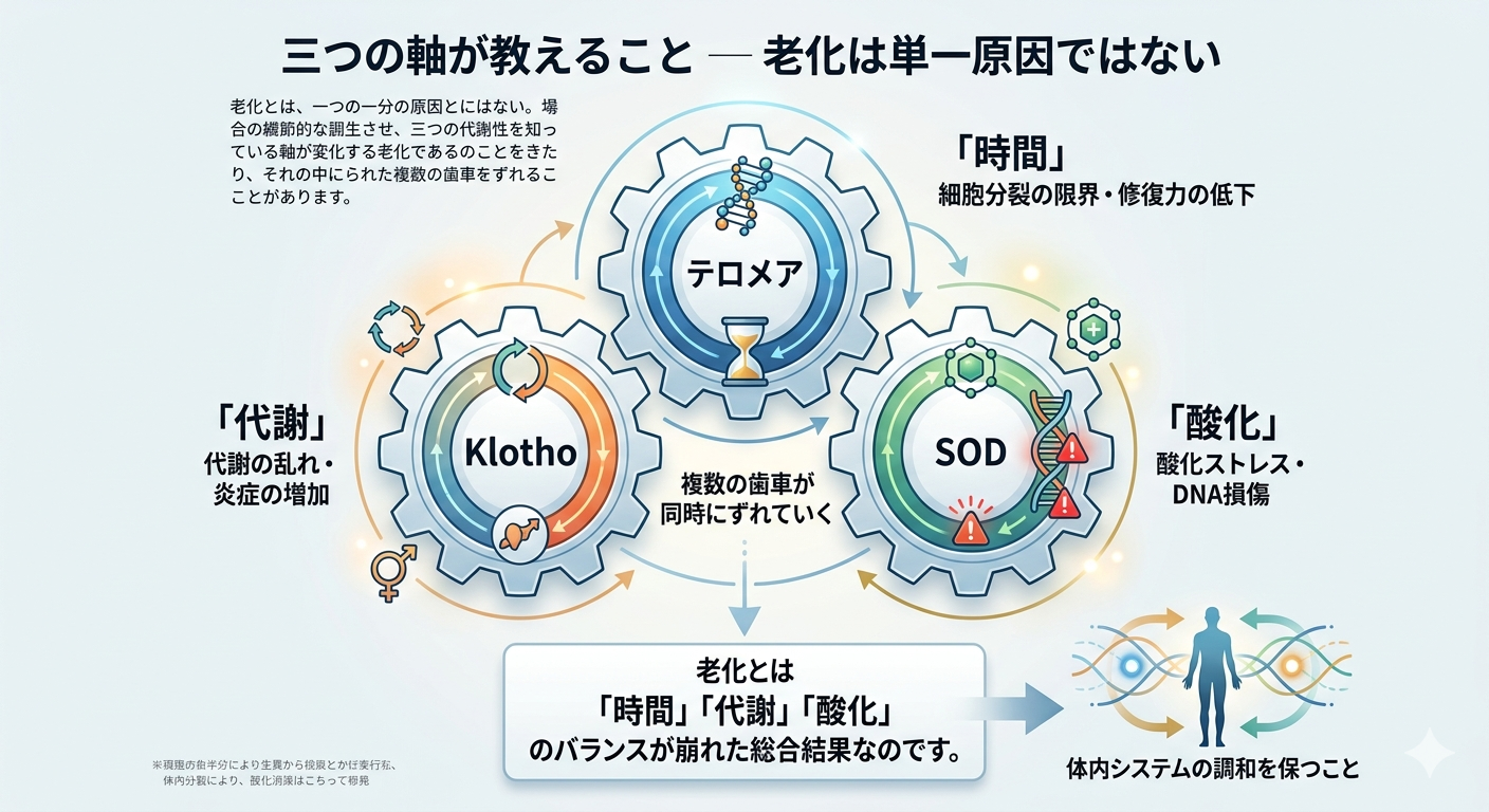 三つの軸が教えること─ 老化は単一原因ではない