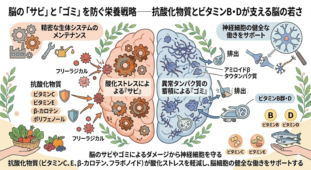 脳の「サビ」と「ゴミ」を防ぐ栄養戦略──抗酸化物質とビタミンB・Dが支える脳の若さ