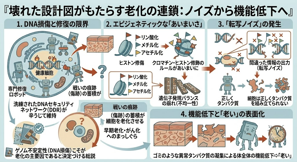 加齢変化において中心的な役割を担うDNA損傷──壊れた設計図がもたらす「ノイズ」