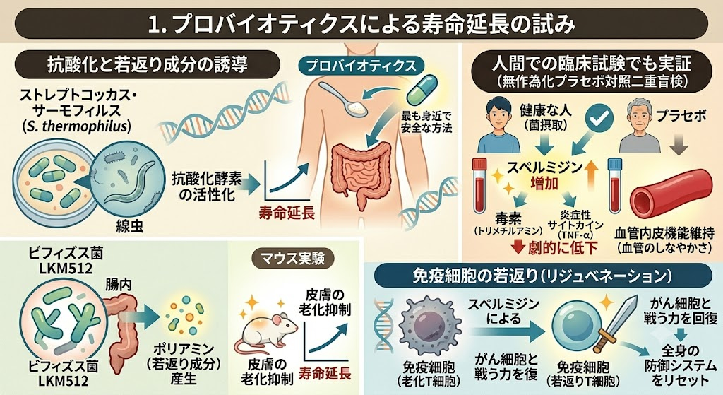 1.プロバイオティクスによる寿命延長の試み