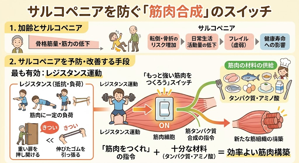 筋肉を育てるエンジン──タンパク質・アミノ酸とレジスタンス運動の相乗効果　サルコペニアを防ぐ「筋肉合成」のスイッチ