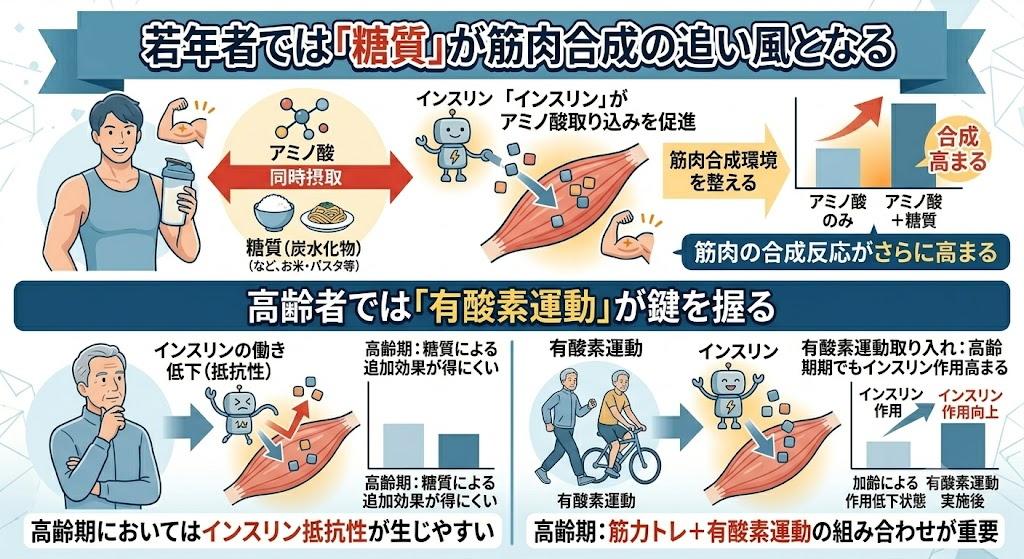 若年者では「糖質」が筋肉合成の追い風となり、高齢者では「有酸素運動」が鍵を握る