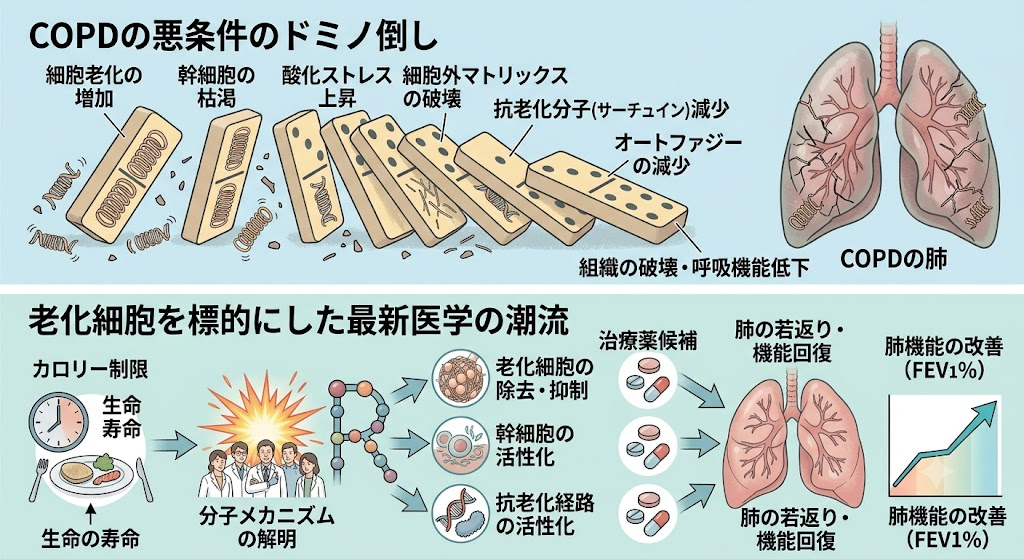 肺の細胞老化を防ぐことは、肺の早期老化を防ぐーーCOPDの悪条件のドミノ倒し