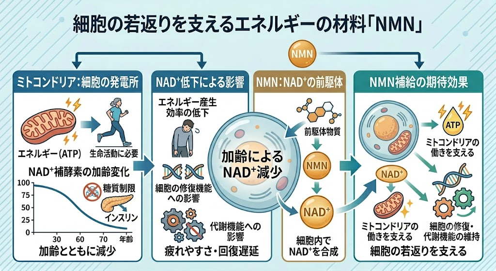 細胞の若返りを支えるエネルギーの材料「NMN」