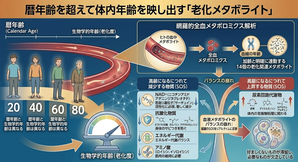 暦の年齢を超えて体内年齢を映し出す「老化メタボライト」