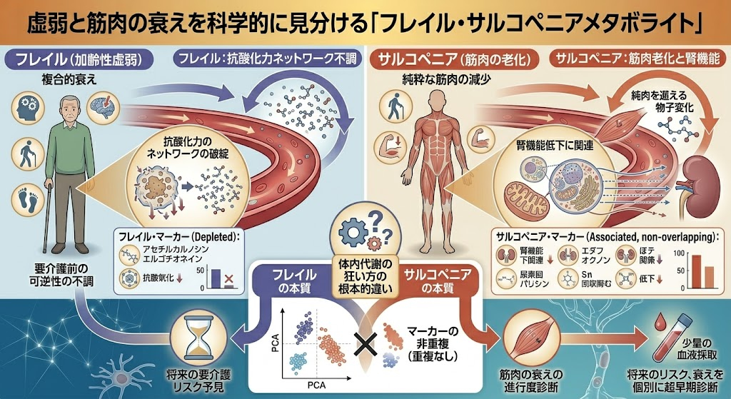 虚弱と筋肉の衰えを科学的に見分ける「フレイル・サルコペニアメタボライト」