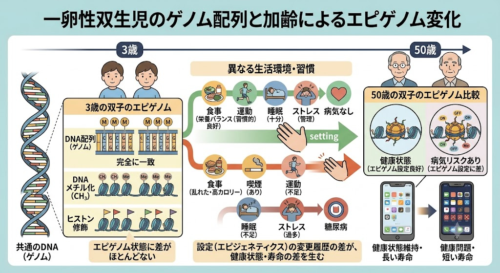 一卵性双生児のゲノム配列と加齢によるエピゲノム変化