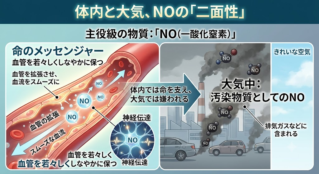 体内と大気、NOの「二面性」