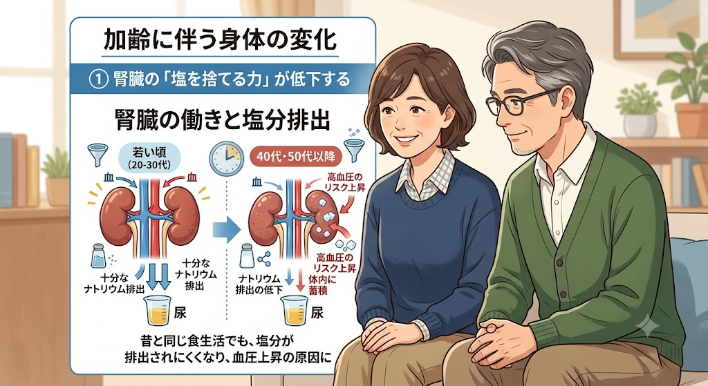 ① 腎臓の「塩を捨てる力」が低下する