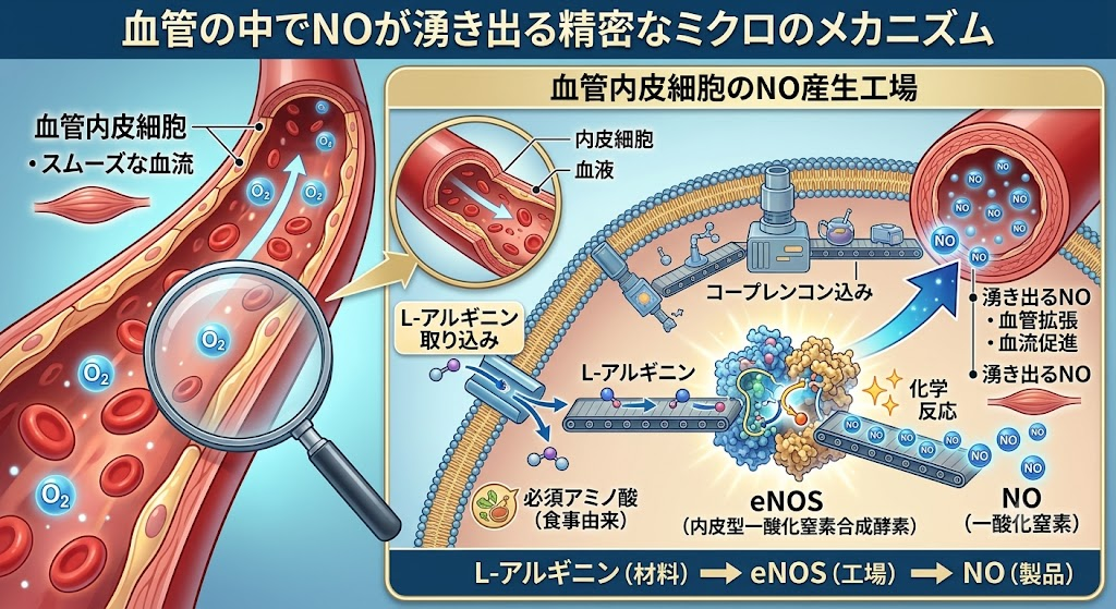 血管の中でNOが湧き出る精密なミクロのメカニズム