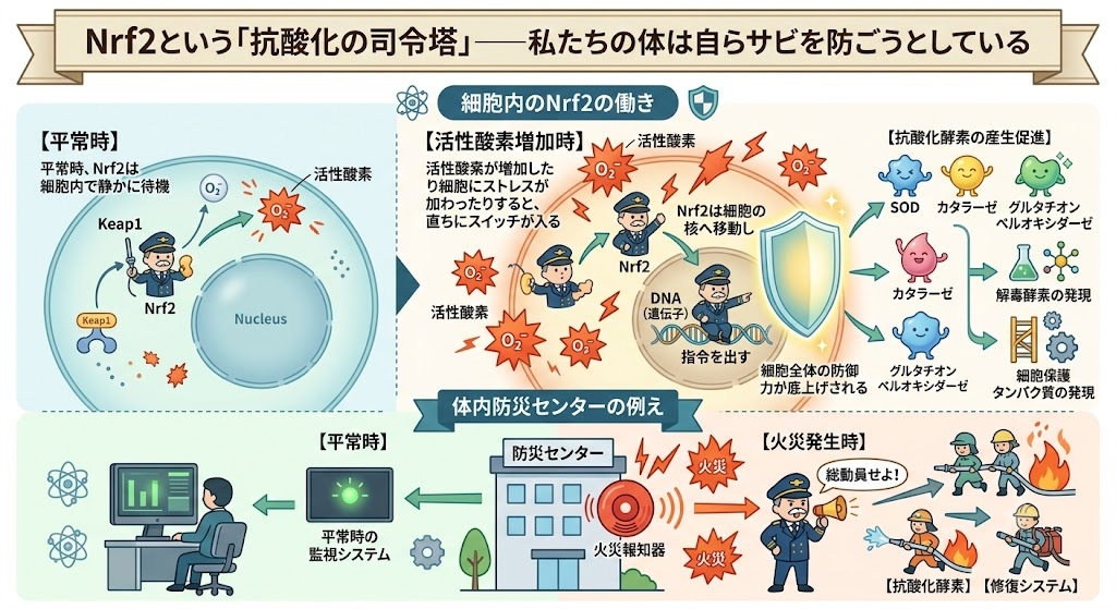 Nrf2という「抗酸化の司令塔」——私たちの体は自らサビを防ごうとしている
