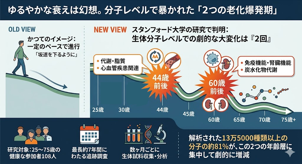 ゆるやかな衰えは幻想。分子レベルで暴かれた「2つの老化爆発期」