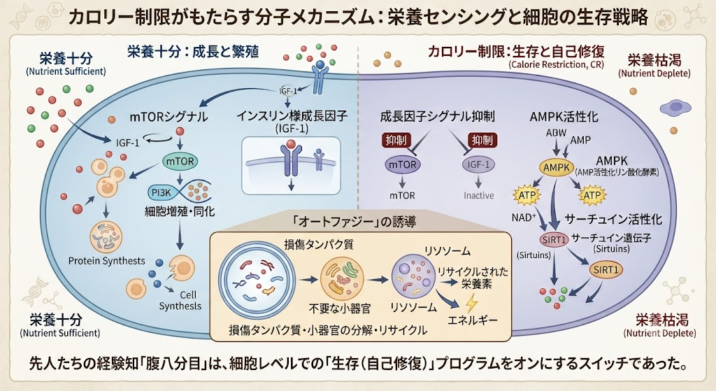 カロリー制限がもたらす分子メカニズム：栄養センシングと細胞の生存戦略