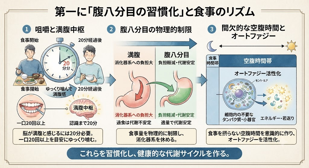 細胞の修復メカニズムを最大化する「戦略的食事法」：第一に「腹八分目の習慣化」と食事のリズム