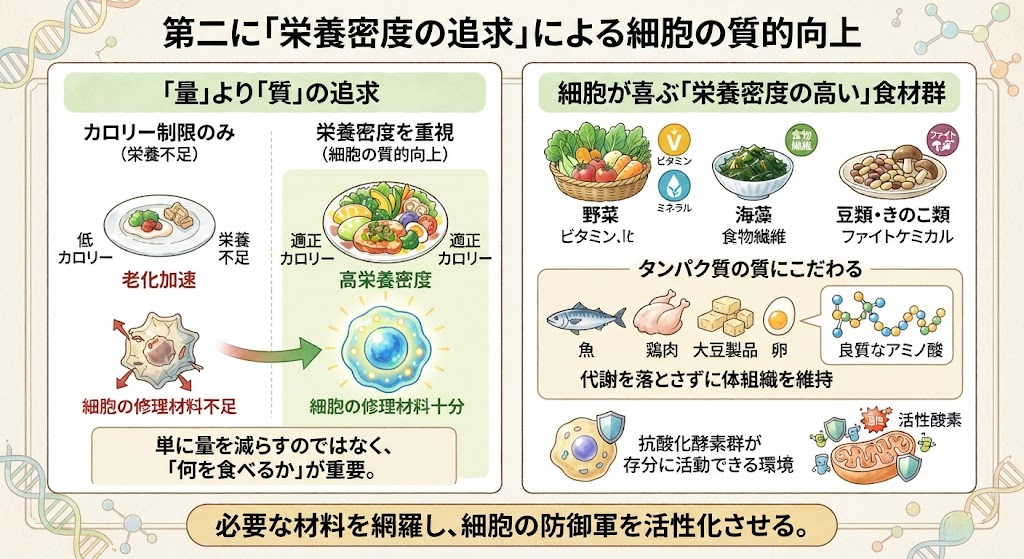 細胞の修復メカニズムを最大化する「戦略的食事法」：第二に「栄養密度の追求」による細胞の質的向上