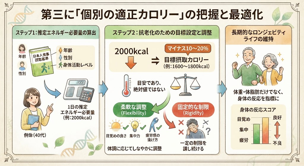 細胞の修復メカニズムを最大化する「戦略的食事法」：第三に「個別の適正カロリー」の把握と最適化