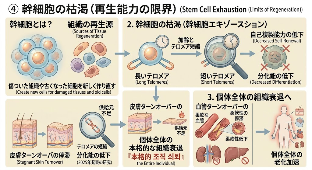 ④ 幹細胞の枯渇（再生能力の限界）