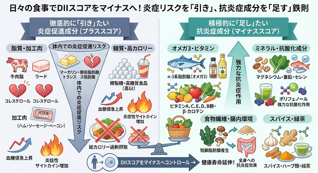 DIIスコアを下げる抗炎症メニューの基本:食卓の「引き算」と「足し算」