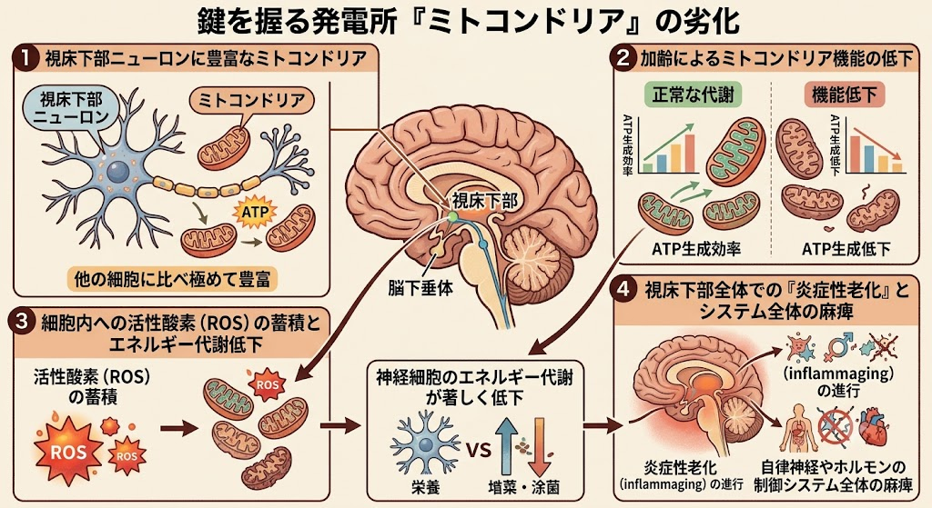 視床下部の神経細胞の鍵を握る発電所「ミトコンドリア」の劣化