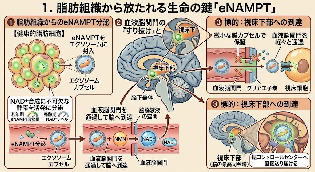 脂肪組織と視床下部が遠隔で手を取り合う「NAD World」理論──1. 脂肪組織から放たれる生命の鍵「eNAMPT」