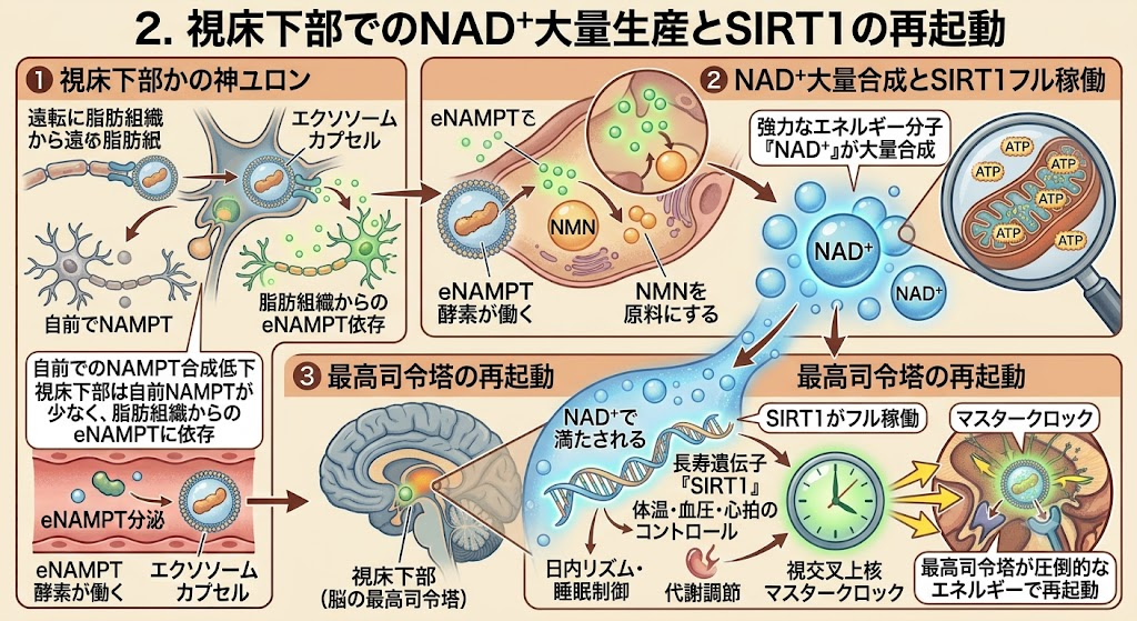 脂肪組織と視床下部が遠隔で手を取り合う「NAD World」理論──2. 視床下部でのNAD+大量生産とSIRT1の再起動