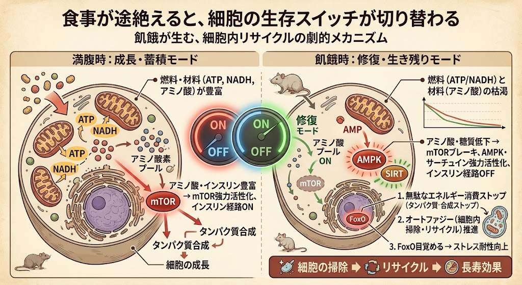 飢餓シグナルが細胞の生存プログラムを起動する──成長モードから修復モードへの劇的な切り替え