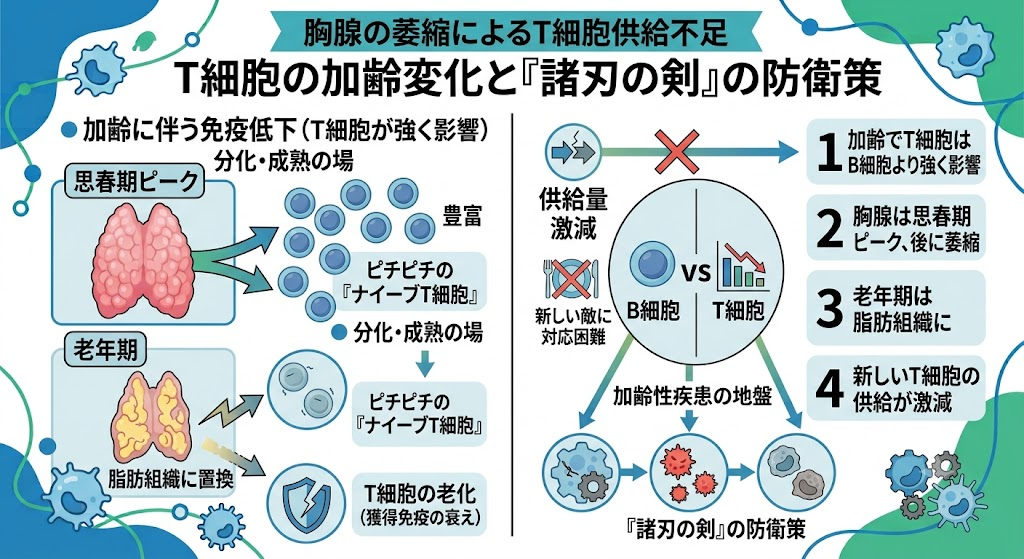 胸腺の萎縮によるT細胞供給不足