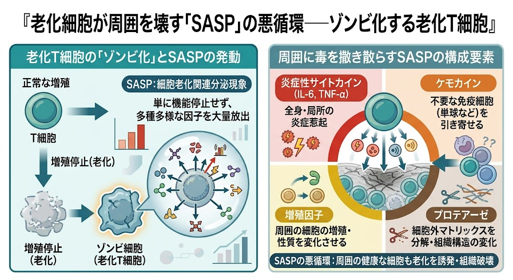 老化細胞が周囲を壊す「SASP」の悪循環──ゾンビ化する老化T細胞