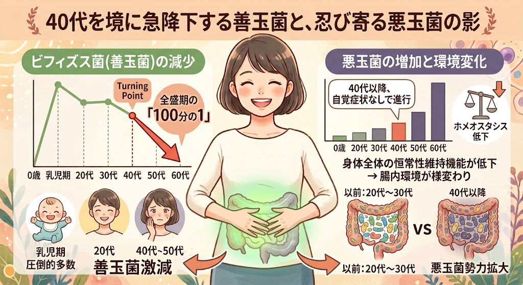 40代を境に急降下する善玉菌と、忍び寄る悪玉菌の影
