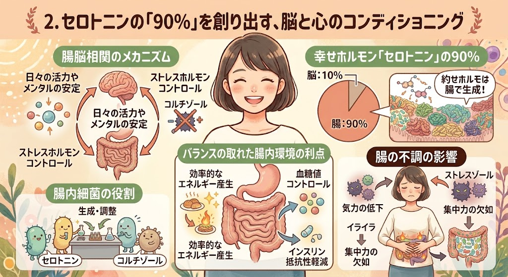 腸内細菌叢の健康を取り戻すことの重要性2. セロトニンの「90%」を創り出す、脳と心のコンディショニング