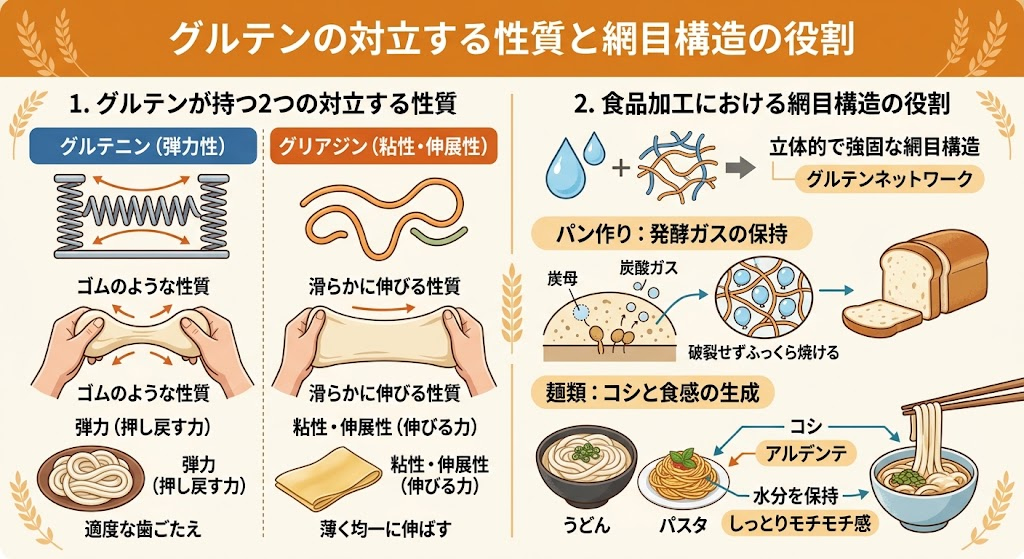 グルテンの対立する性質と網目構造の役割