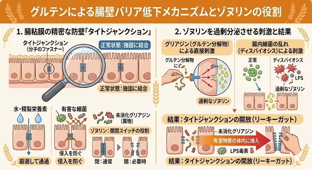 グルテンによる腸壁バリア低下メカニズムとゾヌリンの役割